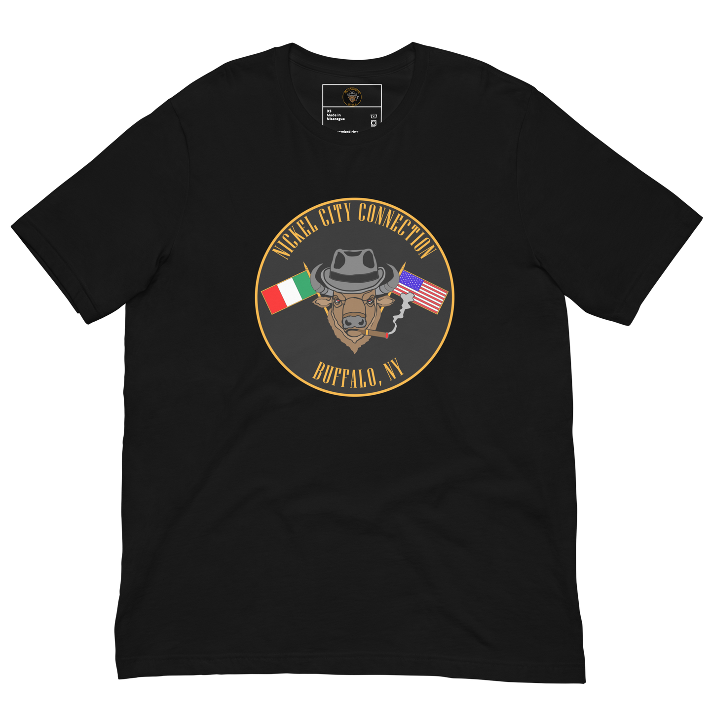 Black T-Shirt  with  Bison smoking a cigar and the Italian and U.S. Flags crossed.