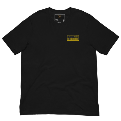 Black T-Shirt with embroidered patch that reads "Nickel City Connection"