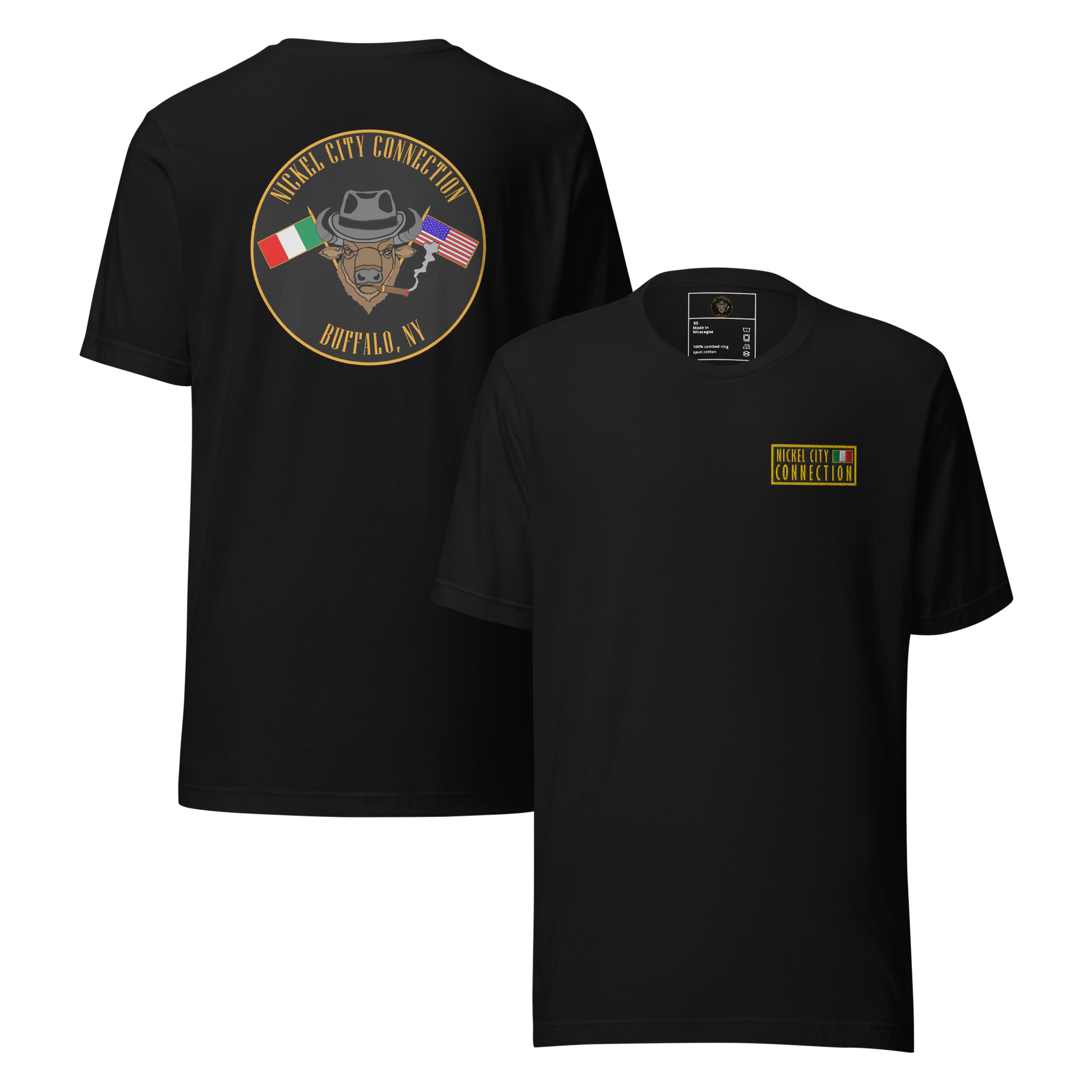 Black t-shirt. This shirt features an embroidered patch on the front and an Italian American Pride design on the back (printed, not embroidered).