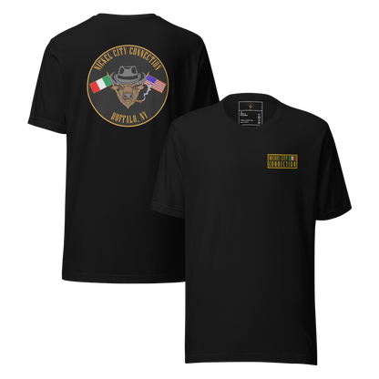 Black t-shirt. This shirt features an embroidered patch on the front and an Italian American Pride design on the back (printed, not embroidered).