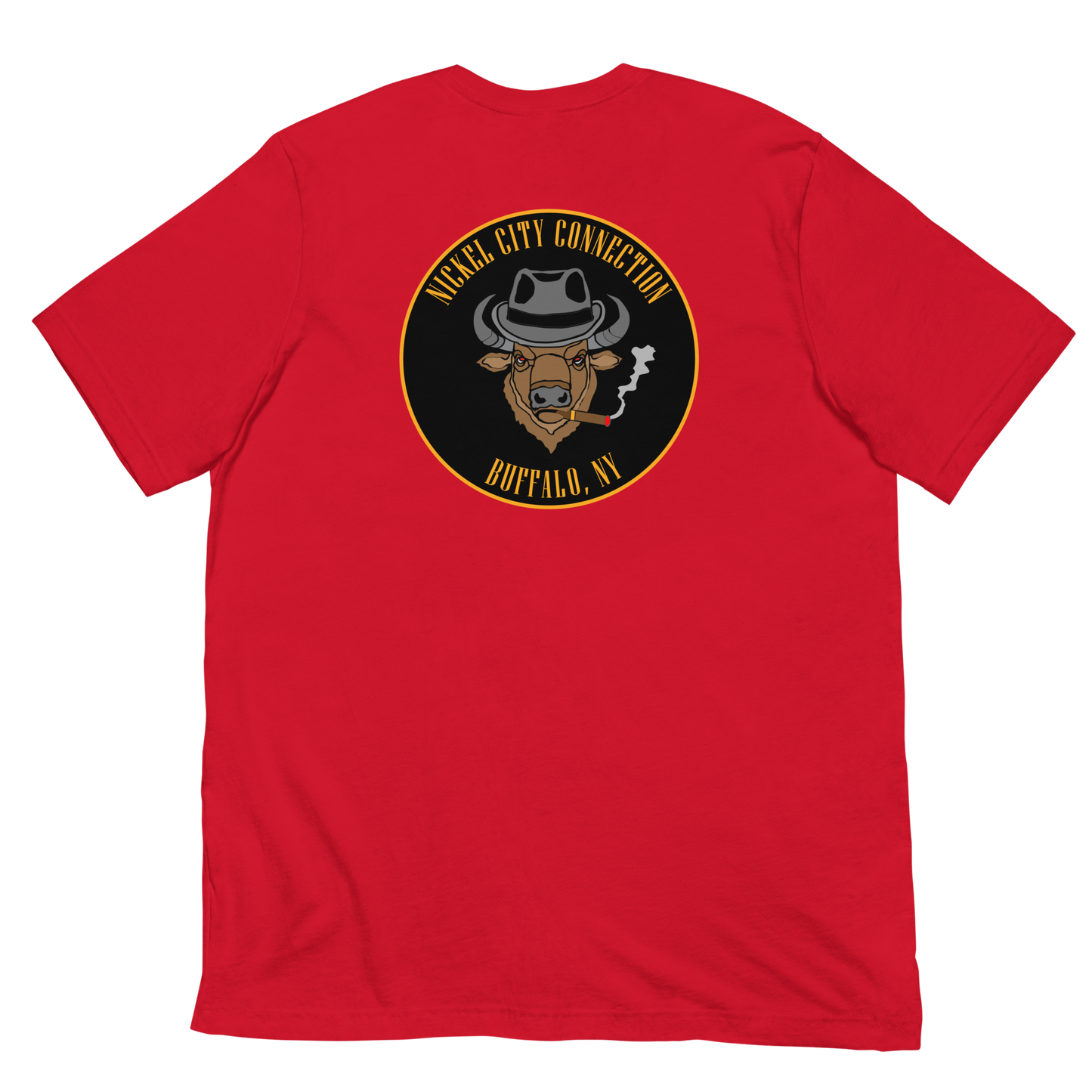 Red t-shirt with a Logo featuring a stylized bison head wearing a fedora, smoking a cigar with visible smoke. The circular design includes bold gold text reading 'Nickel City Connection' at the top and 'Buffalo, NY' at the bottom, outlined in gold against a black background.