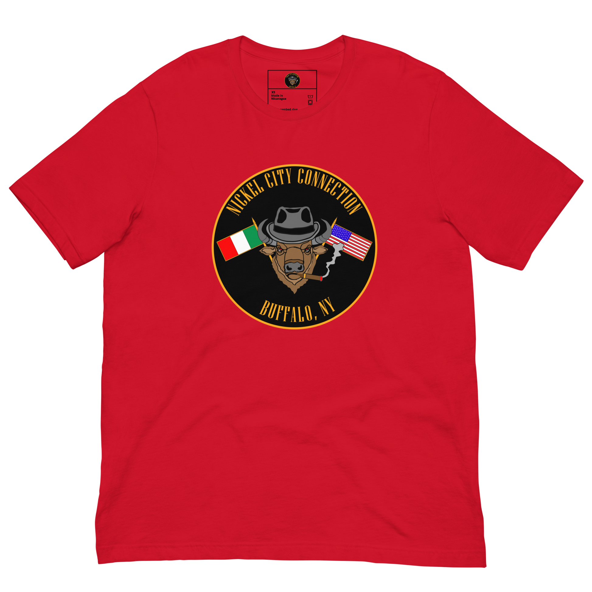 Red T-Shirt  with  Bison smoking a cigar and the Italian and U.S. Flags crossed.