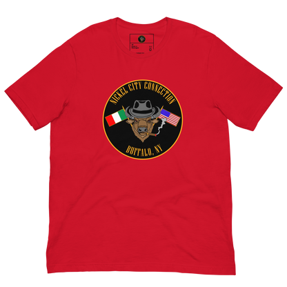 Red T-Shirt  with  Bison smoking a cigar and the Italian and U.S. Flags crossed.