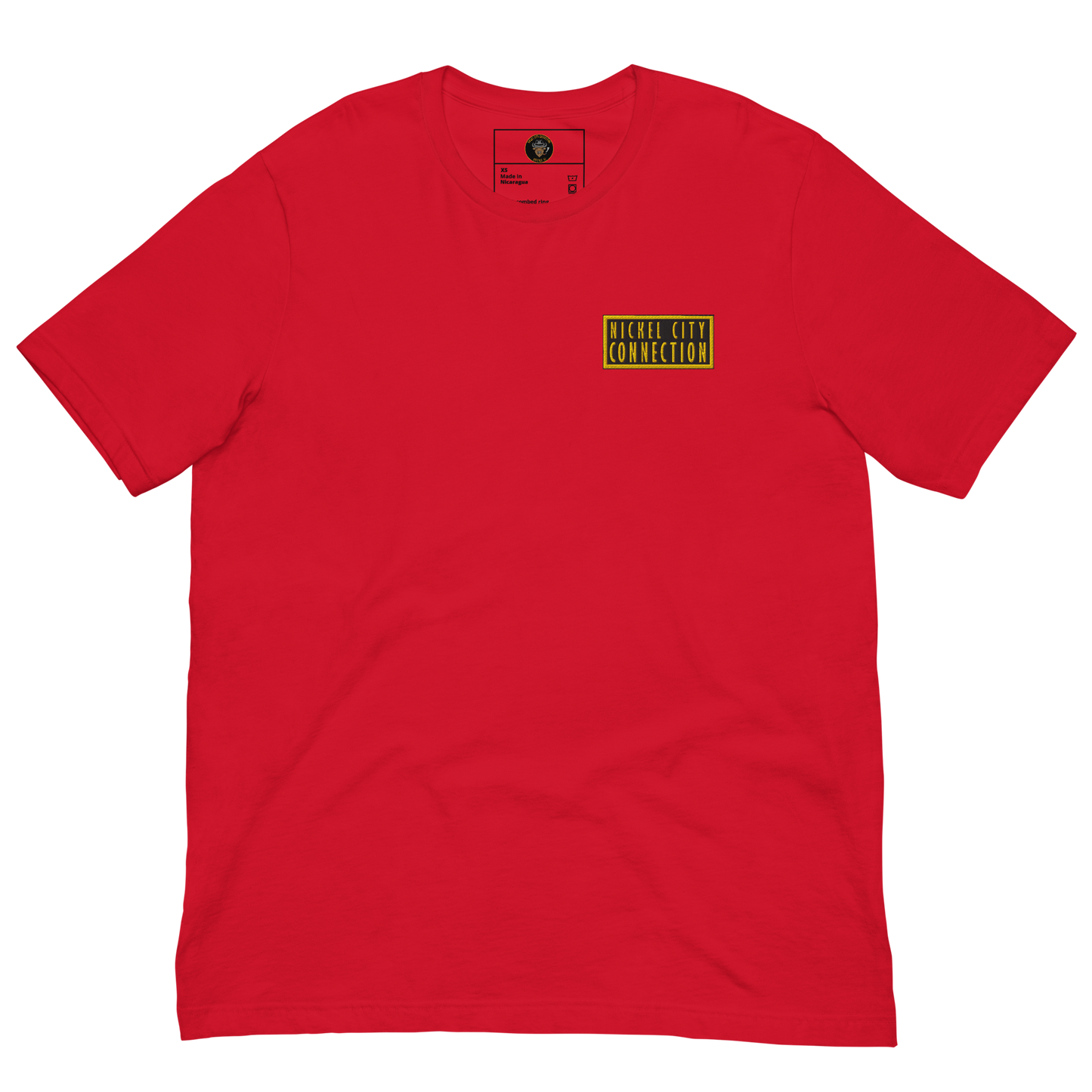 Red T-Shirt with embroidered patch that reads "Nickel City Connection"