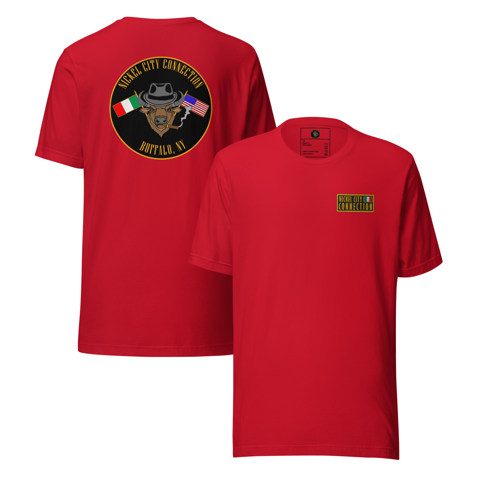 Red t-shirt. This shirt features an embroidered patch on the front and an Italian American Pride design on the back (printed, not embroidered).