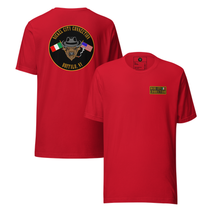 Red t-shirt. This shirt features an embroidered patch on the front and an Italian American Pride design on the back (printed, not embroidered).