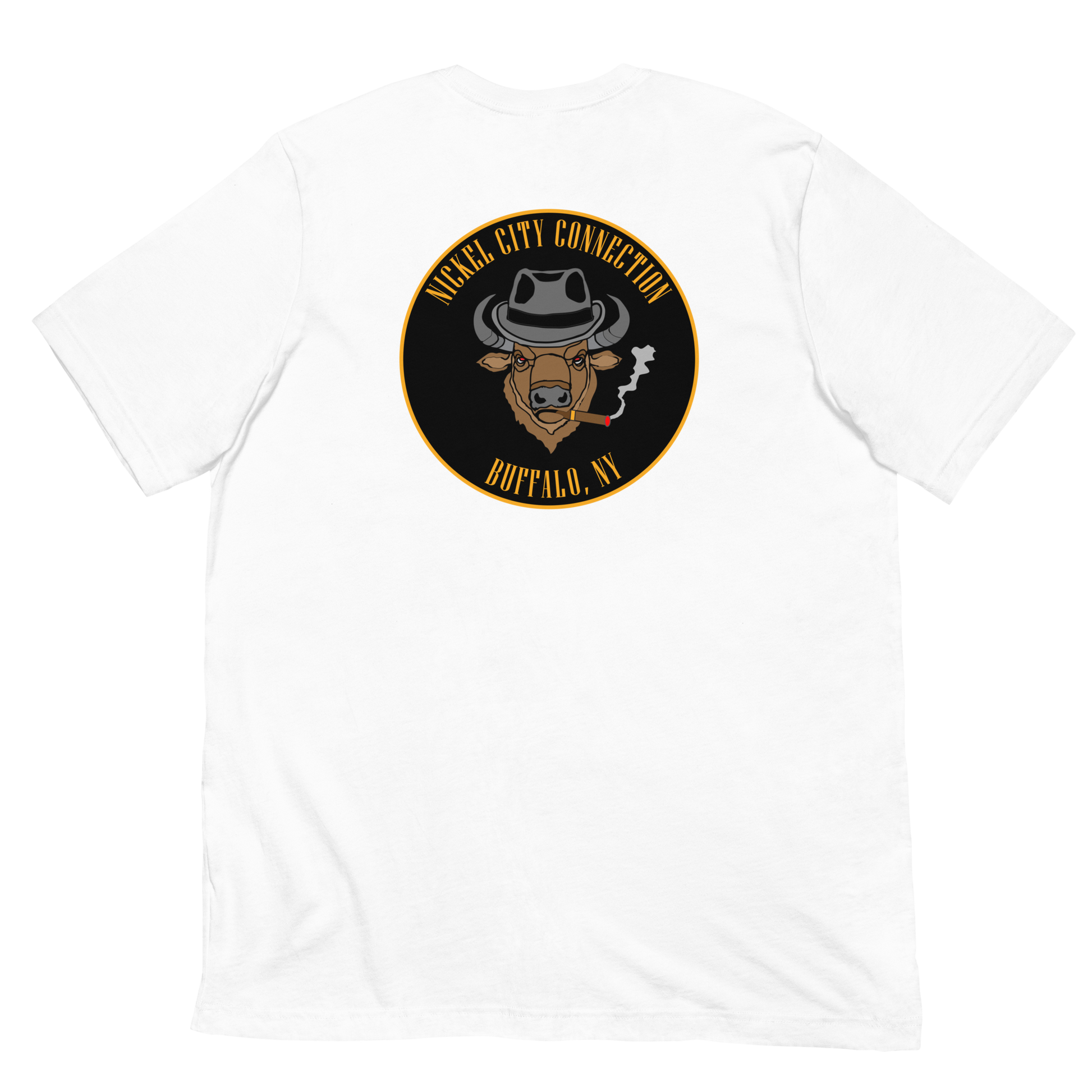 White t-shirt with a Logo featuring a stylized bison head wearing a fedora, smoking a cigar with visible smoke. The circular design includes bold gold text reading 'Nickel City Connection' at the top and 'Buffalo, NY' at the bottom, outlined in gold against a black background.