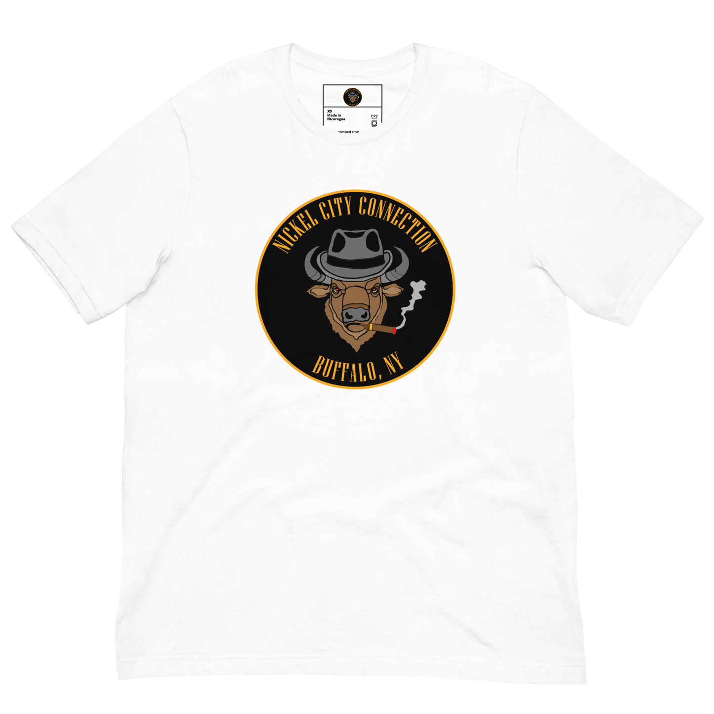 White t-shirt with a Logo featuring a stylized bison head wearing a fedora, smoking a cigar with visible smoke. The circular design includes bold gold text reading 'Nickel City Connection' at the top and 'Buffalo, NY' at the bottom, outlined in gold against a black background.