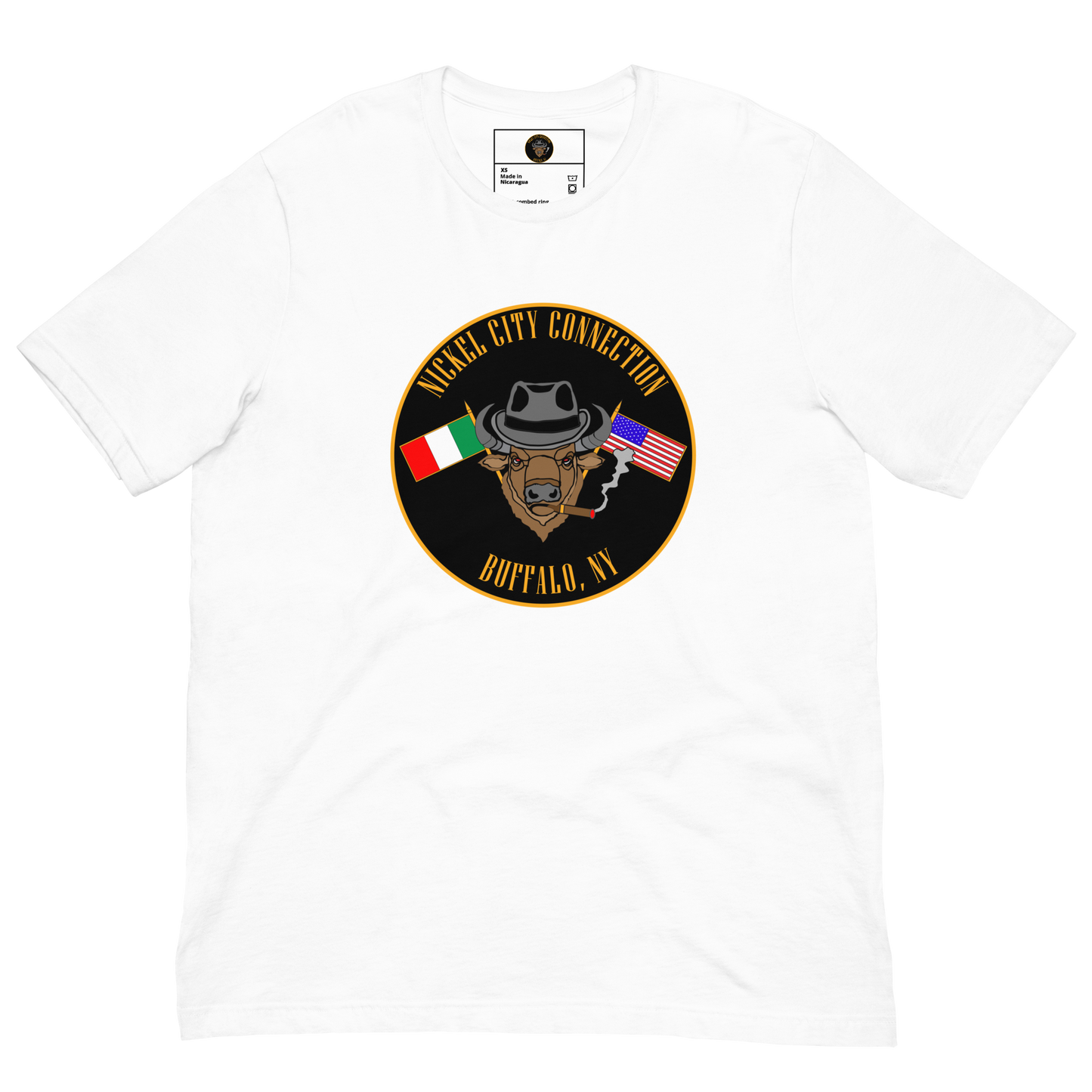 White T-Shirt  with  Bison smoking a cigar and the Italian and U.S. Flags crossed.