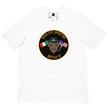 White T-Shirt  with  Bison smoking a cigar and the Italian and U.S. Flags crossed.