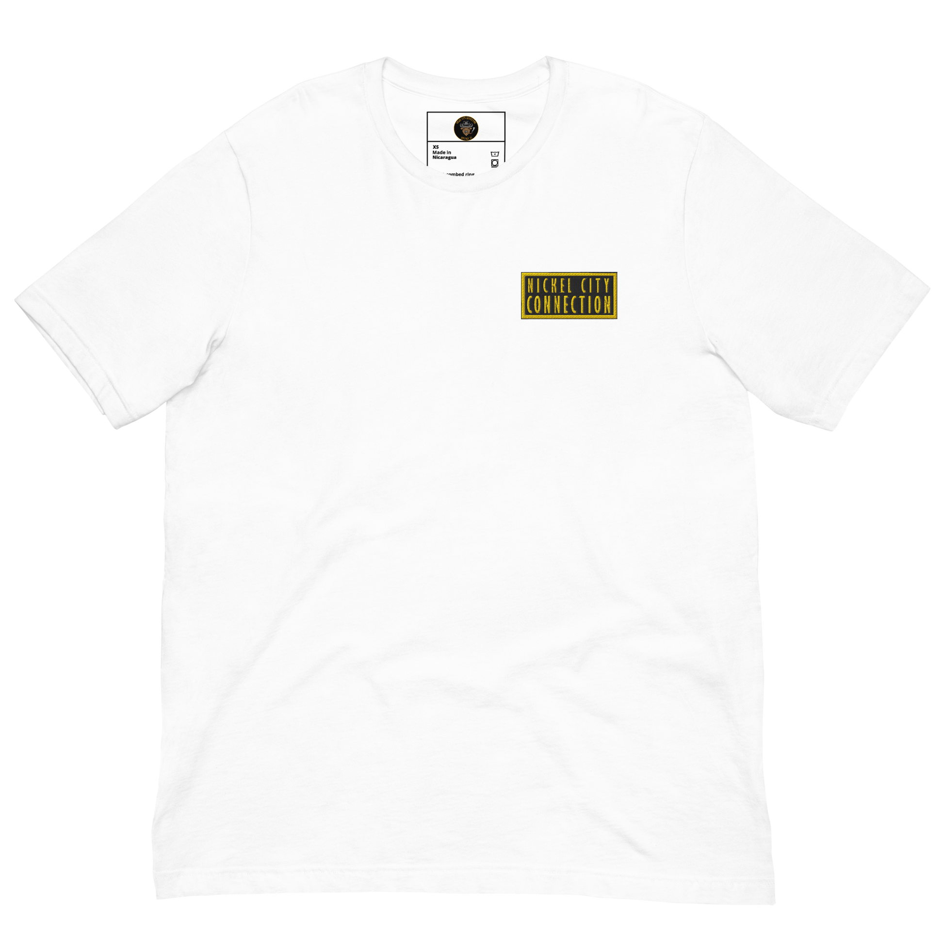 White T-Shirt with embroidered patch that reads "Nickel City Connection"