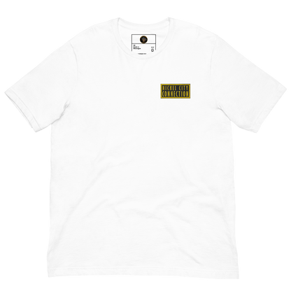 White T-Shirt with embroidered patch that reads "Nickel City Connection"