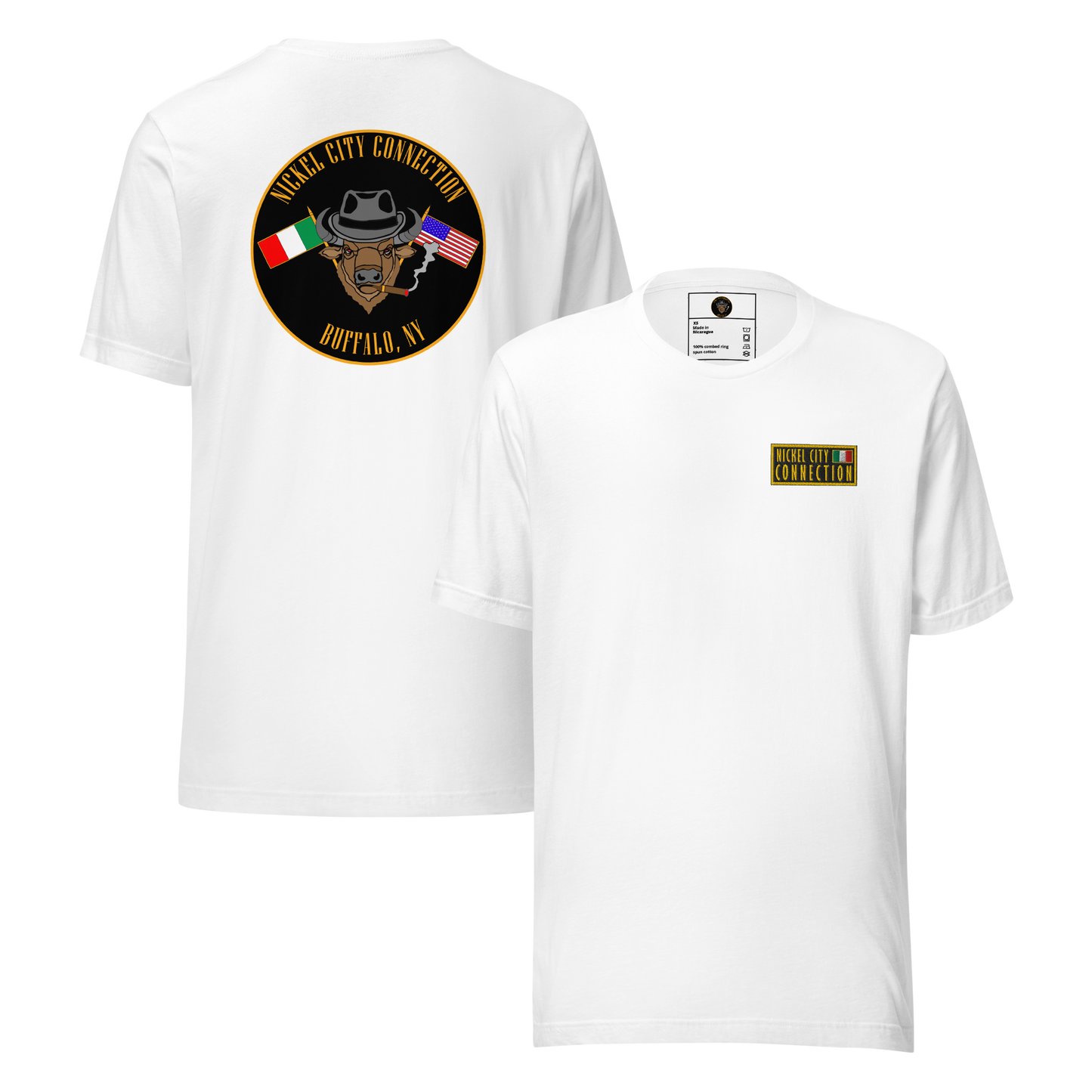 White t-shirt. This shirt features an embroidered patch on the front and an Italian American Pride design on the back (printed, not embroidered).