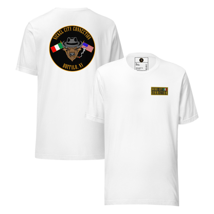 White t-shirt. This shirt features an embroidered patch on the front and an Italian American Pride design on the back (printed, not embroidered).